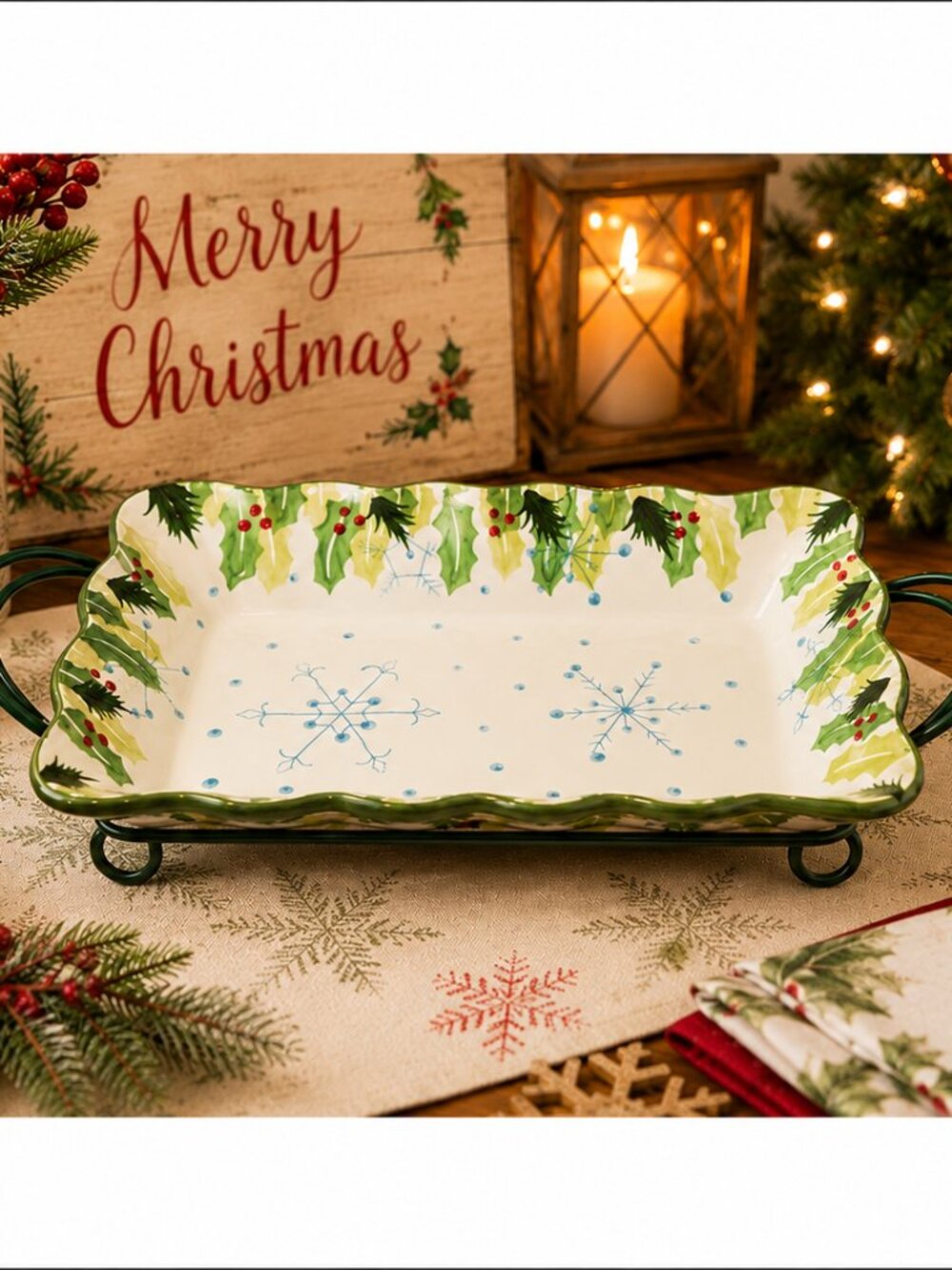 Temp-tations Hometown Christmas Rectangular Baker w/ Metal Stand 8.5x13